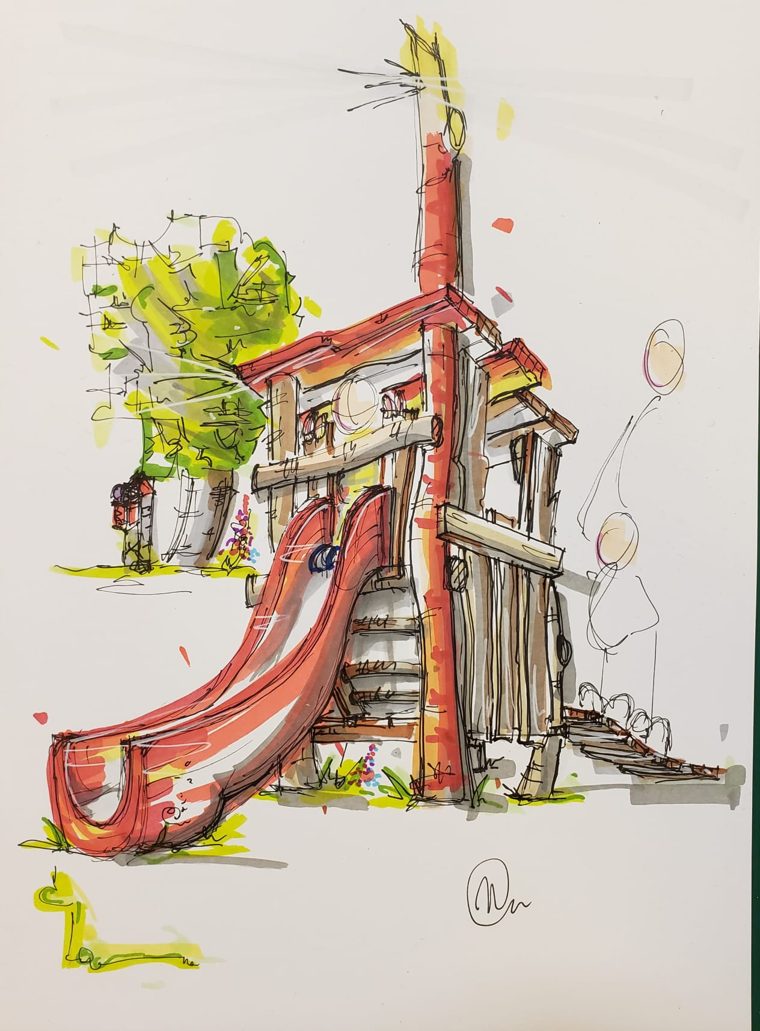 Disegno a mano di una struttura da gioco con scivolo
