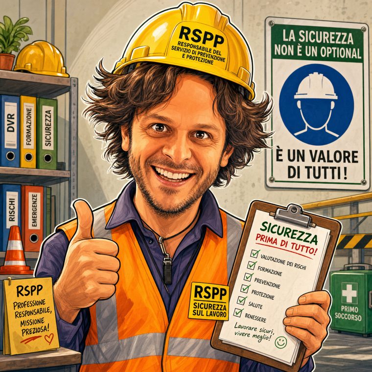 Illustrazione di un RSPP con casco, gilet e cartellina